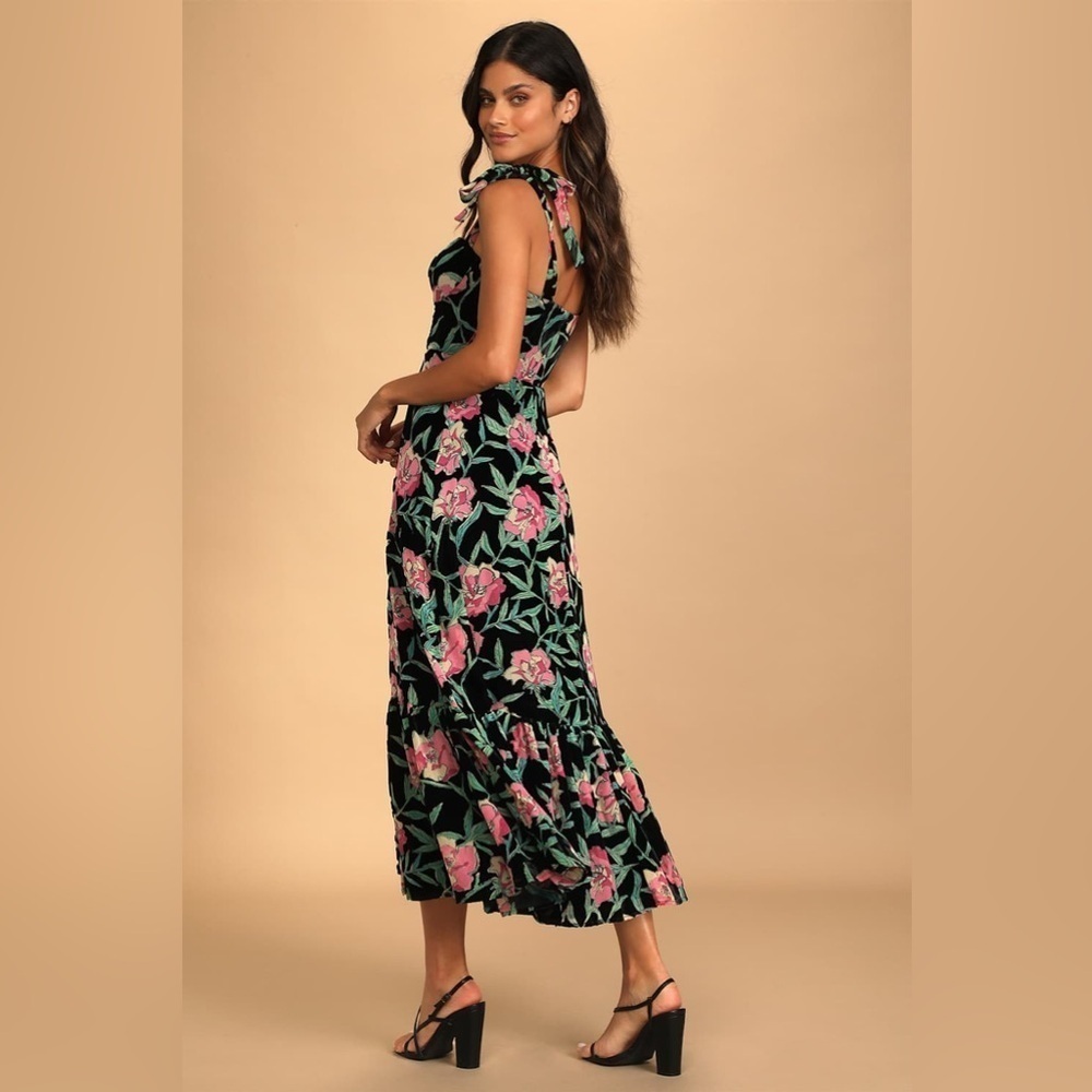 NWT Lulus Glorious Garden Black Floral Print Burnout Velvet Maxi Dress sz XS - Picture 6 of 9